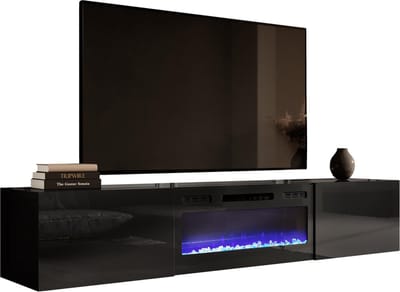 Zwevend Tv-meubel Slide 200 cm breed hoogglans zwart met sfeerhaard