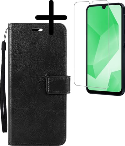 Hoesje Met Screenprotector - Geschikt voor Samsung Galaxy A16 - Luxe Pasjeshouder - Bookcase Portemonee - Flip Case - Kunstleer Book Case - Flipcase - Book Cover - Walletcase - Portemonneehoes - Zwart