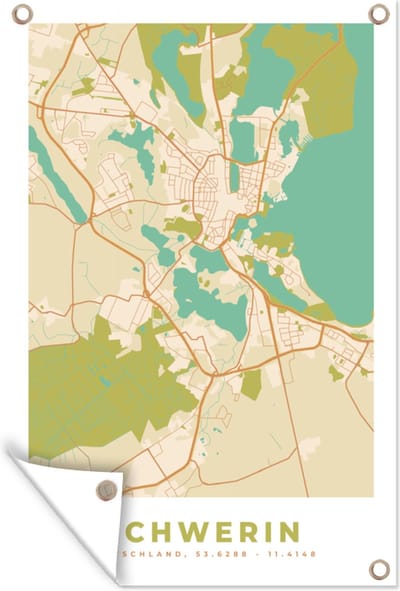 Muurdecoratie Vintage - Stadskaart - Schwerin - Plattegrond - Kaart - 120x180 cm - Tuinposter - Tuindoek