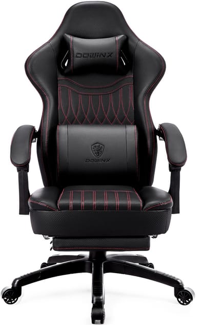 Dowinx Gamingstoel - Ergonomische Bureaustoel PU Leer - Met Voetsteun - Massage Lendensteun - Inclusief Zitkussen - Zwart