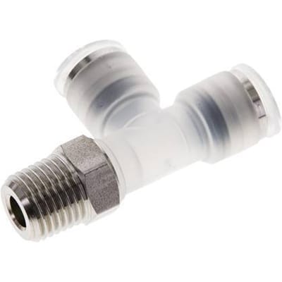 8mm x R1/4'' rechte hoek T-stuk PA/RVS Insteekfitting Buitendraad FDA Draaibaar EPDM