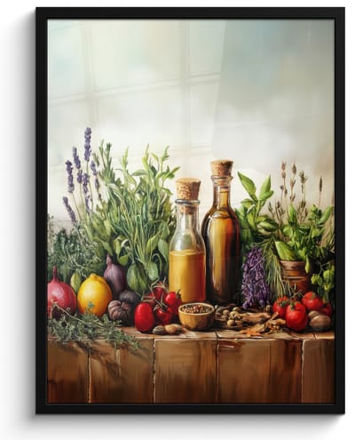 Poster in lijst - Fotolijst 50x70 cm - Posters - Stilleven - Kruiden - Specerijen - Fruit - Kleurrijk - Posterlijst zwart - Decoratie - Wanddecoratie woonkamer - Muurdecoratie slaapkamer