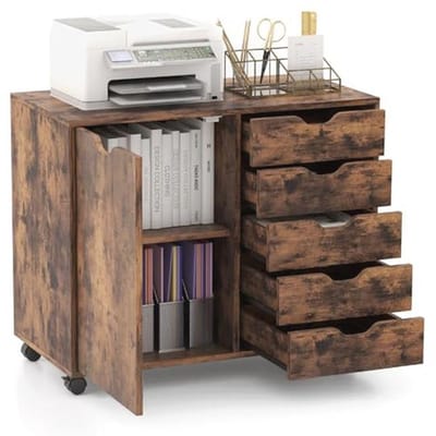 Rolcontainer met wieltjes en 5 laden - Kantoorwagen, ladekast, en printerstandaard - Hout, Wit - 79 x 39 x 65 cm