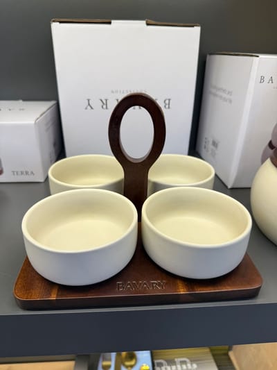 Terra Porseleinen Snackset met Houten Draagplateau – 4-delig