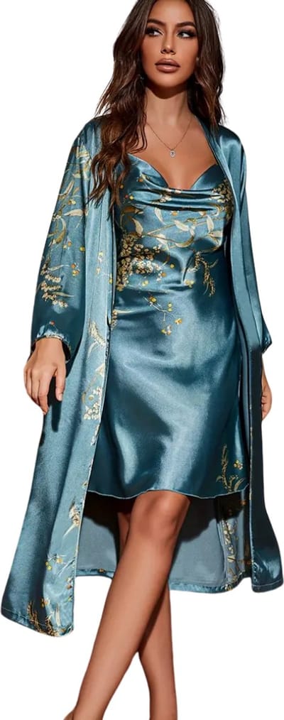 Livano Satijnen Badjas Dames - Kimono - Kamerjas - Satijn - Ochtendjas - Pyjama - Groen - Maat S