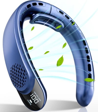 Draagbare Nekventilator (Oplaadbaar) – Nekventilator met Koele Lucht, Persoonlijke Nekkoeler met 4000mAh, LED-display, 3 Snelheden en USB-C – Ideaal Cadeau voor Vrouwen, Mannen, Reizen en Sport – Denim-uitvoering