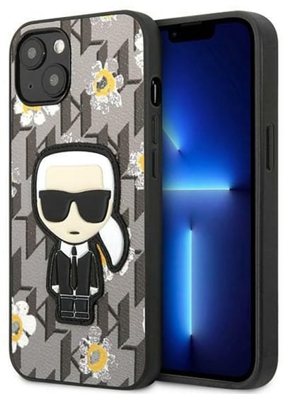 Karl Lagerfeld Motief - iPhone 13 Hoes - Bloemenpatroon - Grijs - Lichtgewicht