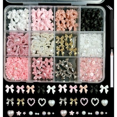 12-Vakken Doos Gemengde Hars Simulatie Parel Strik, Hart, Mini Bloemen Decoratie Voor Diy Nagellak Accessoires, Nagelbenodigdheden Nagelsieraden white