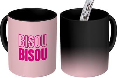 Magische Mok - Foto op Warmte Mokken - Koffiemok - Bisou - Roze - Minimalistisch - Magic Mok - Beker - 350 ML - Theemok - Mok met Tekst