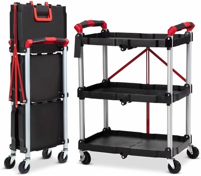Rolwagen 3-Laags - Opvouwbaar met Vergrendelbare Wielen - voor magazijn en keuken - Zwart Metaal - 120 cm