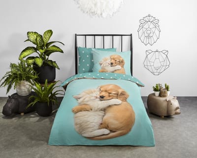Good Morning dekbedovertrek hond en poes - 1 persoons 140x200/220 cm - Aqua - 100% Katoen renforc�