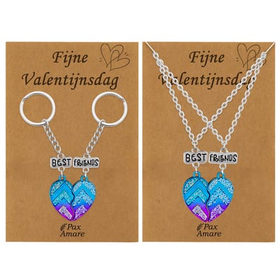 Koppel Ketting + Sleutelhanger voor 2 'Fijne Valentijnsdag' - Magnetisch Best Friends Hartje - Bundel op Cadeau Kaartje - Zilverkleurig - Vriendschap of Relatie Symbool - Pax Amare