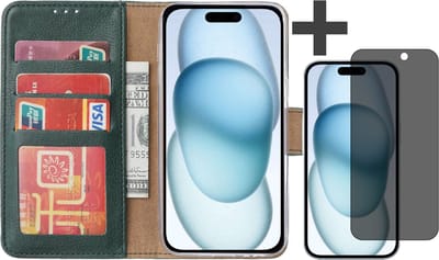 Hoesje met Privacy Screenprotector Geschikt voor iPhone 15 Plus – Arara bookcase met pasjeshouder - Groen