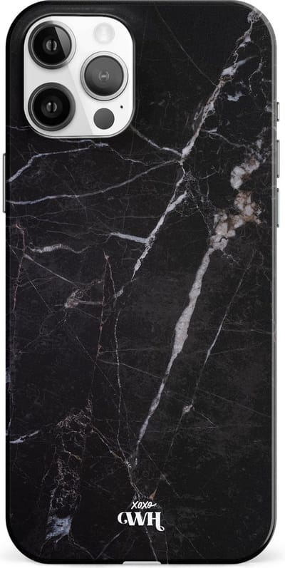 xoxo Wildhearts Marble Black Mood - Double Layer - Hardcase hoesje geschikt voor iPhone 12 Pro Max hoesje zwart - Zwarte shockproof case geschikt voor Apple iPhone 12 Pro Max hoesje marmer - Zwart