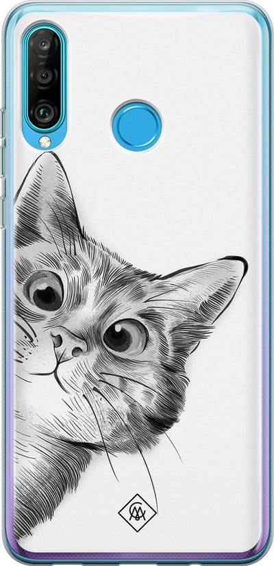 Casimoda® hoesje - Geschikt voor Huawei P30 Lite - Peekaboo - Siliconen/TPU - Soft Case - Zwart - Kat