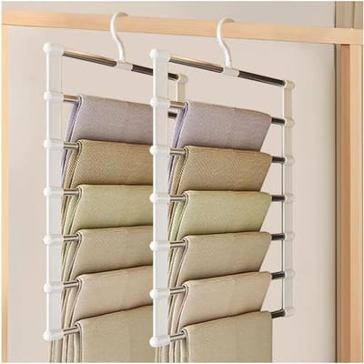 Broekrek - Trapeziumvormig broekrek - Kledingrek - 6 verticale planken - Biedt plaats aan maximaal 12 broeken - Ruimtebesparend -Voor kleine kasten - Tweedelig set - Wit