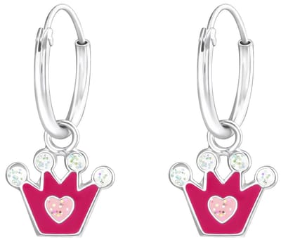 Joy|S - Zilveren kroontje oorbellen - roze met glitter hartje licht roze - oorringen