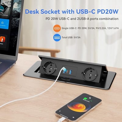 Inbouwtafelstopcontact met USB-C PD 20W en 2x USB-A, Uitschuifbaar voor Keuken