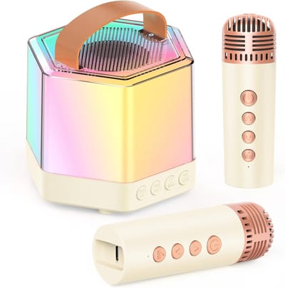 Mini Karaoke Machine voor kinderen - Draagbare Bluetooth Karaoke Speaker met 2 draadloze microfoons en feestverlichting Speelgoed voor kinderen van 3-12 jaar en ouder, verjaardagscadeaus voor meisjes, jongens en familie thuisfeesten