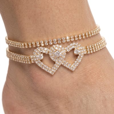 Goudkleurig enkelbandje voor dames – dubbele enkelketting met hartvorm en strass steentjes – verstelbaar enkelbandje – glanzend elegant sieraad