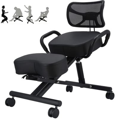 Dailygoody - Ergonomische knielende stoel - Verstelbare houdingcorrectie - Bureaustoel met wielen - Zwart - Ademend lederen kussen - Geschikt voo