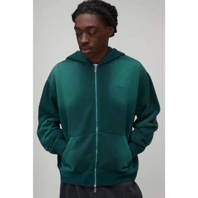 Oversized Boxy Spray Wash Man Embroidered Double Ended Zip Through Hoodie | Green | Size Small