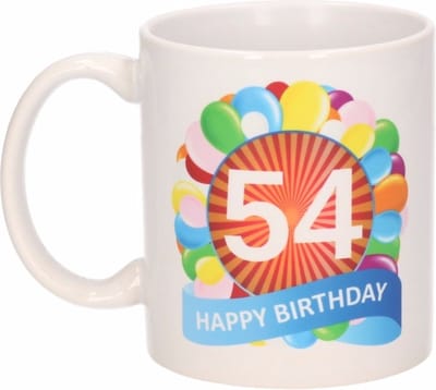 54 jaar Verjaardag koffiemok - cadeau beker - feestelijke ballonnen print - 300 ml - keramiek - wit