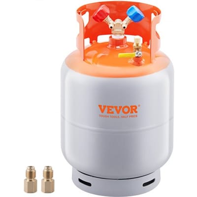 VEVOR koelmiddel expansievat, 22,7 kg (50 lb), draagbaar, 400 psi (114,4 psi) cilindervormig expansievat met Y-ventiel voor vloeistof/damp, sterk afgedicht expansievat voor R22/R134A/R410A, oranje + grijs