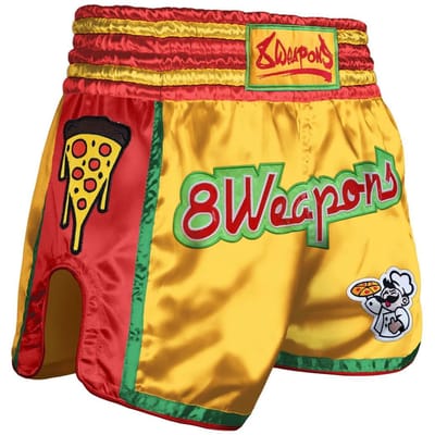 8 Weapons Muay Pizza Serie - Muay Thai Broekjes - Geel - Satijnen Materiaal - Gemaakt in Thailand