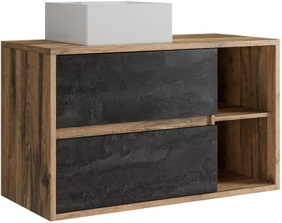 Vente-unique Zwevend badkamermeubel met vierkante waskom - Naturel en antraciet - 100 cm - TIKITIKI
