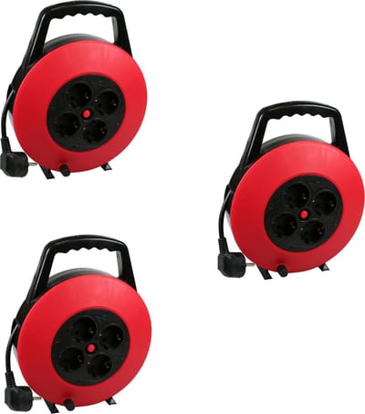 3x Kabelhaspel/kabelboxen met 4x geaarde stopcontacten inclusief handvat - 7,5 meter - rood / zwart - 3X1mm2 - tot 2200W - binnen gebruik - verlengsnoeren - haspels / stroomhaspels