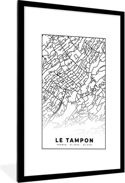 Fotolijst incl. Poster Zwart Wit- Stadskaart - Plattegrond - Kaart - Le Tampon - Frankrijk - Zwart wit - 60x90 cm - Posterlijst