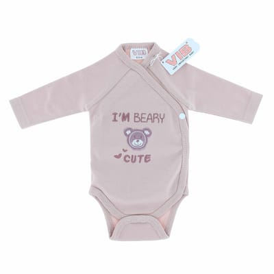 VIB® - Overslag romper 'I'M BEARY CUTE' - rose smoke (0-3 m) - Babykleertjes - romper - rompertjes - rompertjes met tekst - baby cadeau - baby aankondiging - overslagromper