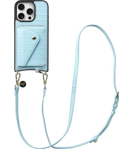 AVY Leren Hoesje geschikt voor Apple iPhone 16 Pro | Met Koord en Kaarthouder | Compatibel met MagSafe | Leather Case met Crossbody Koord & Wallet | Long Leather | Croco Blauw