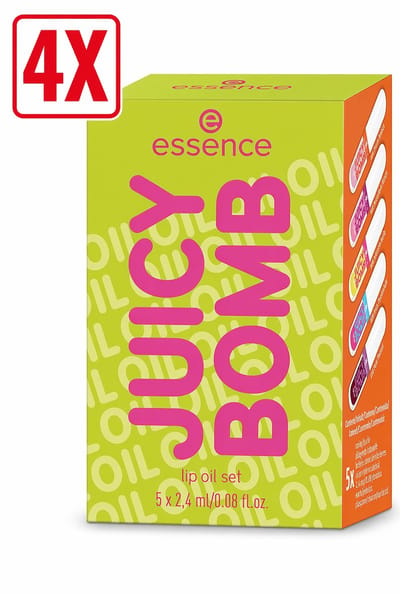 4 x essence Juicy Bomb Lip Oil Set 02 Pout of Paradise – Set van 5 Lip Oils – Tropische Geur – Glanzende & Verzorgde Lippen – 5 × 2.2 ml