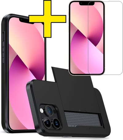 Hoesje Geschikt voor iPhone 14 Pro Hoesje Case Pashouder Hard Cover Met Screenprotector - Hoes Geschikt voor iPhone 14 Pro Hoesje Met Kaarthouder - Zwart