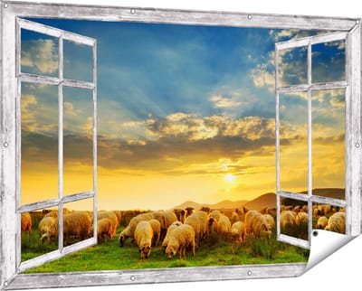 Gards Tuinposter Doorkijk Kudde Schapen op het Gras bij Zonsondergang - 150x100 cm - Tuindoek - Tuindecoratie - Wanddecoratie buiten - Tuinschilderij