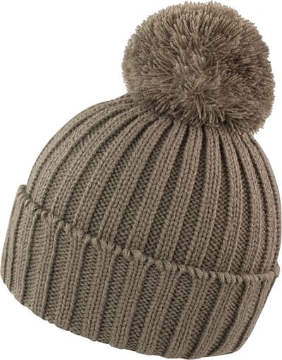 Grof gebreide winter muts met pompon grijsbruin voor volwassenen - Wintermutsen voor dames/heren