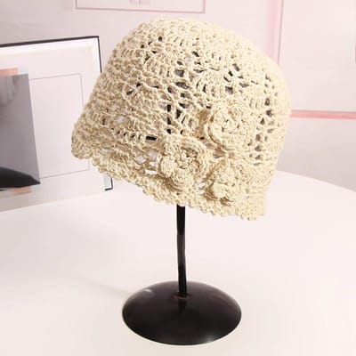Chapeau à Tête de Fleur Japonais Chapeau de Tête Tricoté à la Main Chapeau de Tête en Laine Fine Creuse Chapeau de Tête en Laine Bouclée Littéraire Rétro beige