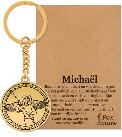 Beschermengel Michaël Sleutelhanger op Cadeau Kaartje – Spiritueel Cadeau van Roestvrij Staal – Goudkleurig – Pax Amare