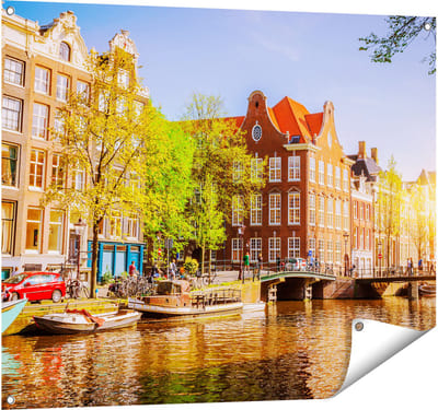 Gards Tuinposter Amsterdamse Gracht tijdens Zonsondergang - 100x80 cm - Tuindoek - Tuindecoratie - Wanddecoratie buiten - Tuinschilderij