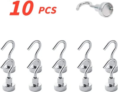 TLVX 10 stuks Haak magneet 10mm x 32mm / Erg sterk / 2 KG trekkracht / Magnetische ophanghaak / Magneet met haak / Metalen haak / Deurmagneet haak voor sleutels / Koelkast magneet handdoek / Magneet gereedschap / Foto magneet met handdoekhaak