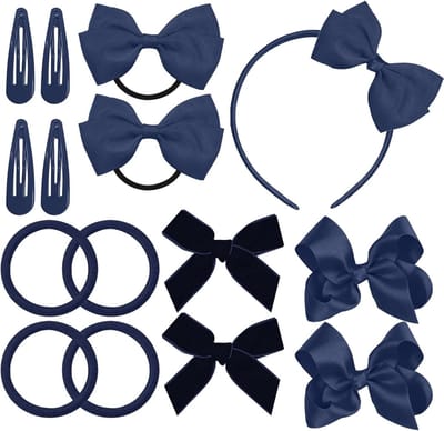 Meisjes Haaraccessoireset – 15-delig Donkerblauw met Strik Haarclips en Elastiekjes voor Schooluniformen, Feestjes en Dagelijks Gebruik
