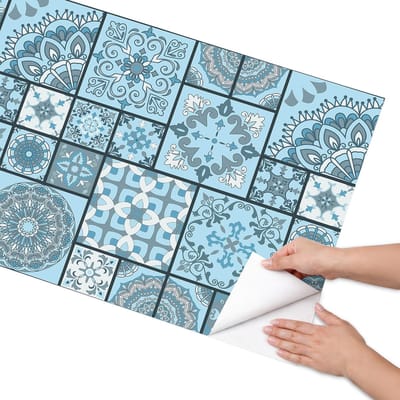 Coloray Meubel Wrap Folie - Blauw Meubelfolie - 65x130 cm - Plakfolie Meubels Mozaïekpatronen - Decoratiefolie Zelfklevend - Geometrische Meubelfolie - Meubelfolie Zelfklevend - Badkamer decoratie - Achtergronden en patronen