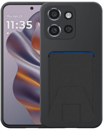 Geschikt voor Motorola Edge 50 Neo Telefoonhoesje met Verstelbare Leren Pasjeshouder - Flexible Back Cover Case Siliconen TPU with Adjustable Leather Cardslot - Zwart - Smartphonica geschikt voor Motorola Edge 50 Neo