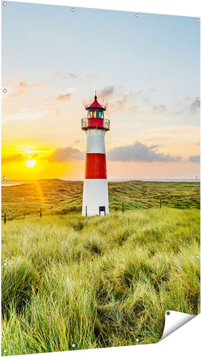 Gards Tuinposter Vuurtoren met Zonsopgang op een Eiland - 120x180 cm - Tuindoek - Tuindecoratie - Wanddecoratie buiten - Tuinschilderij