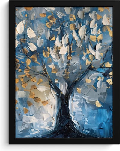 Poster in lijst - Fotolijst 30x40 cm - Posters - Boom - Blauw - Goud - Abstract - Posterlijst zwart - Decoratie - Wanddecoratie woonkamer - Muurdecoratie slaapkamer