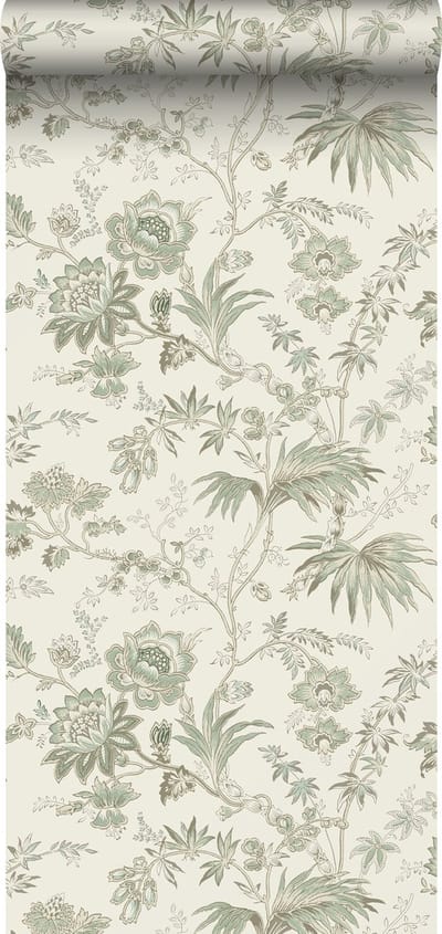ESTAhome behang vintage bloemen crème en vergrijsd groen - 53 cm x 10.05 m - 139400