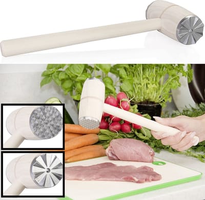 Dubbelzijdige Vleeshamer - FSCÂ® beukenhout - Hamer om Vlees Mals te maken - Metalen kop - Vleespletter - Vleesklopper Lengte 32 cm