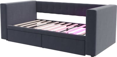 Slaapbank 90x190cm Zonder Matras Polsterbed Donkergrijs Flanel Met LED En Stopcontact Multifunctioneel Met Grote Opbergruimte En Ruime Laden